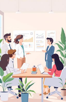 An educational illustration representing the principles of management, featuring a diverse group of professionals in a modern office setting