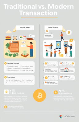 An educational infographic contrasting traditional vs modern methods of transaction