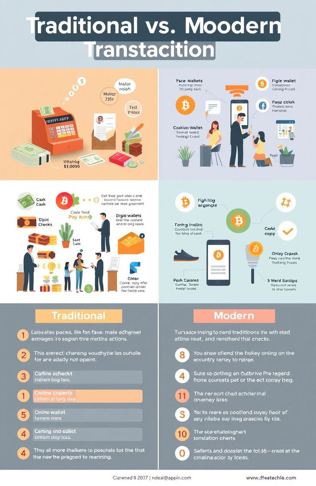 An educational infographic contrasting traditional vs modern methods of transaction