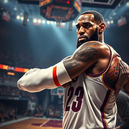 A dramatic and intense digital artwork depicting a fictional, stylized sports injury scenario involving LeBron James