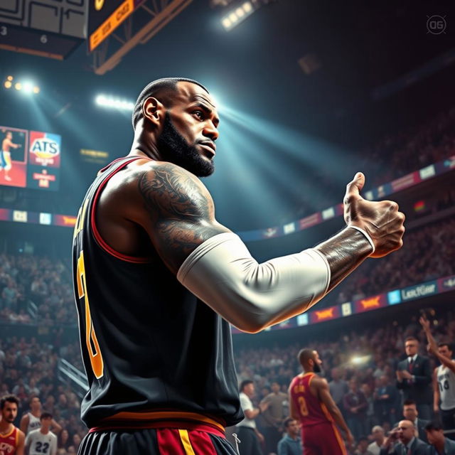 A dramatic and intense digital artwork depicting a fictional, stylized sports injury scenario involving LeBron James