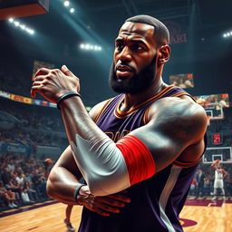 A dramatic and intense digital artwork depicting a fictional, stylized sports injury scenario involving LeBron James