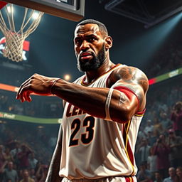 A dramatic and intense digital artwork depicting a fictional, stylized sports injury scenario involving LeBron James