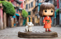 A Spirited Away-themed Funko Pop vinyl figure of Chihiro on a cobblestone base with a vibrant background representing the magical world of the film