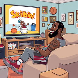 A fun and whimsical digital illustration of LeBron James sitting comfortably in a cozy living room, watching a playful scene from the popular Skibidi Toilet series on a large TV