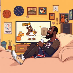 A fun and whimsical digital illustration of LeBron James sitting comfortably in a cozy living room, watching a playful scene from the popular Skibidi Toilet series on a large TV