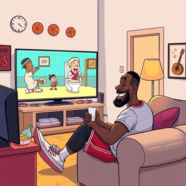 A fun and whimsical digital illustration of LeBron James sitting comfortably in a cozy living room, watching a playful scene from the popular Skibidi Toilet series on a large TV