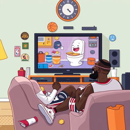 A fun and whimsical digital illustration of LeBron James sitting comfortably in a cozy living room, watching a playful scene from the popular Skibidi Toilet series on a large TV