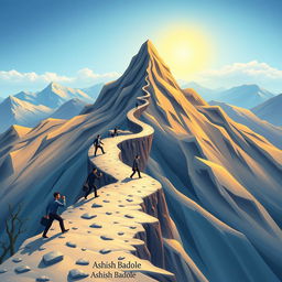A metaphorical illustration of a winding path leading up a majestic mountain, symbolizing the journey of struggles and triumphs in business