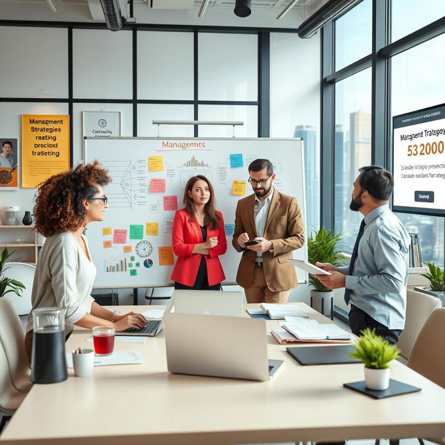 A modern workspace illustrating the principles of management, featuring a diverse team of professionals in a brainstorming session