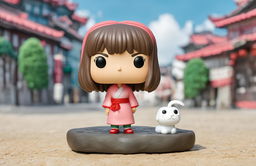 A Spirited Away-themed Funko Pop vinyl figure of Chihiro on a cobblestone base with a vibrant background representing the magical world of the film