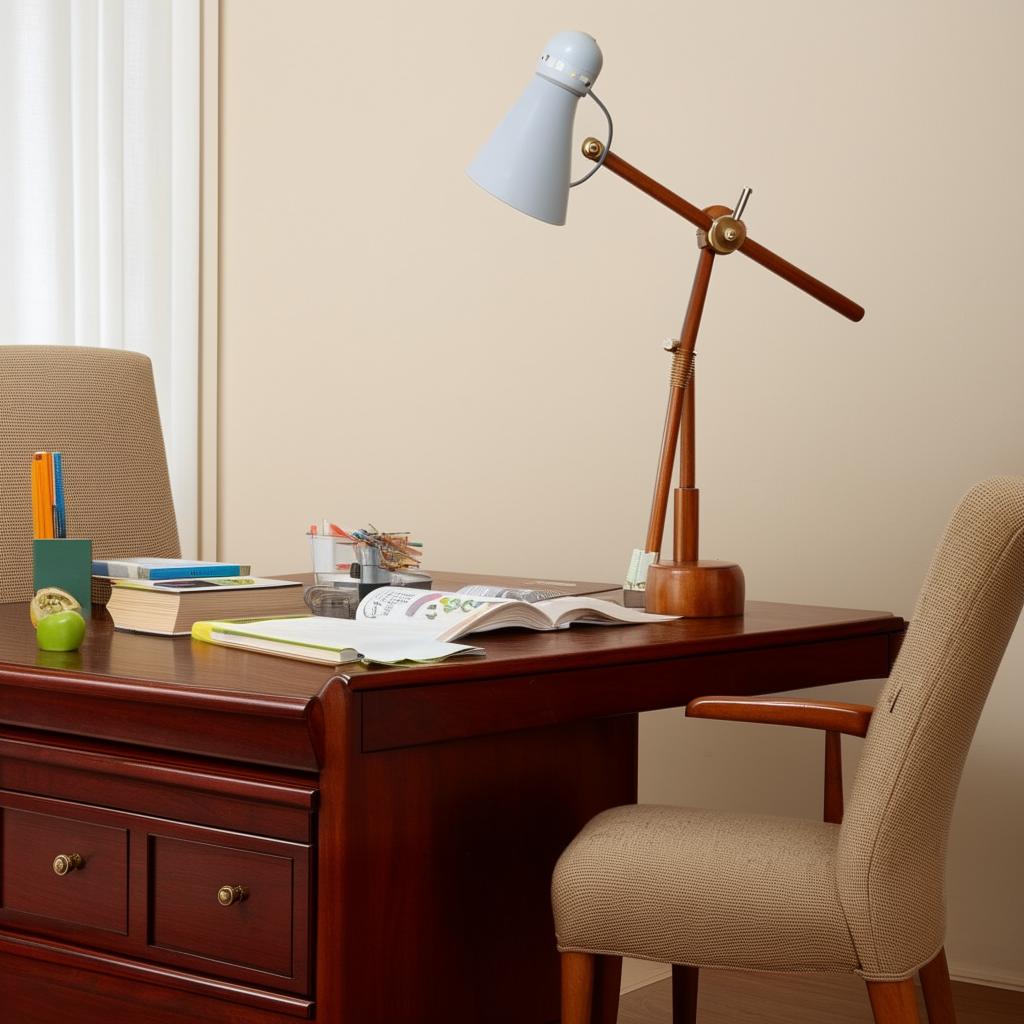 A well-organized study table with a lamp, textbooks, a laptop, and stationery items. The desk is made of mahogany wood with a comfortable chair