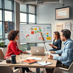 A modern workspace illustrating the principles of management, featuring a diverse team of professionals in a brainstorming session