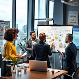 A modern workspace illustrating the principles of management, featuring a diverse team of professionals in a brainstorming session