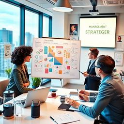 A modern workspace illustrating the principles of management, featuring a diverse team of professionals in a brainstorming session