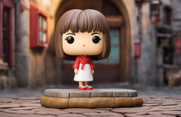 A Spirited Away-themed Funko Pop vinyl figure of Chihiro on a cobblestone base with a vibrant background representing the magical world of the film