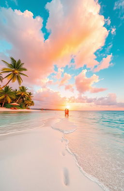 A breathtaking view of a lush tropical beach, with crystal clear turquoise waters gently lapping at the soft white sand
