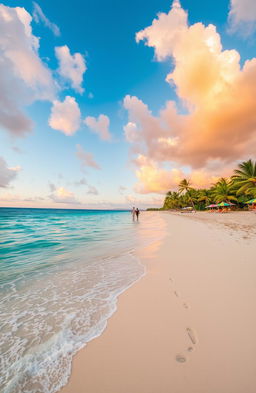 A breathtaking view of a lush tropical beach, with crystal clear turquoise waters gently lapping at the soft white sand