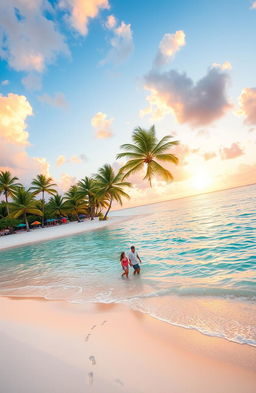 A breathtaking view of a lush tropical beach, with crystal clear turquoise waters gently lapping at the soft white sand