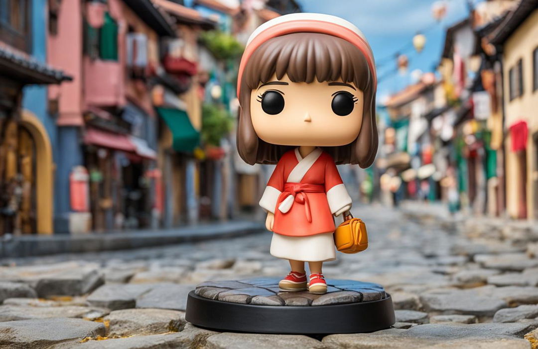 A Spirited Away-themed Funko Pop vinyl figure of Chihiro on a cobblestone base with a vibrant background representing the magical world of the film