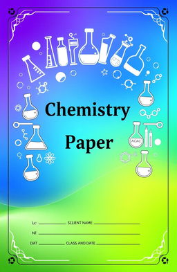 A vibrant and professional cover page for a chemistry mock paper, featuring an intricate design representing various elements of chemistry