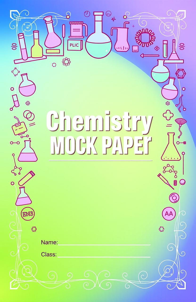 A vibrant and professional cover page for a chemistry mock paper, featuring an intricate design representing various elements of chemistry