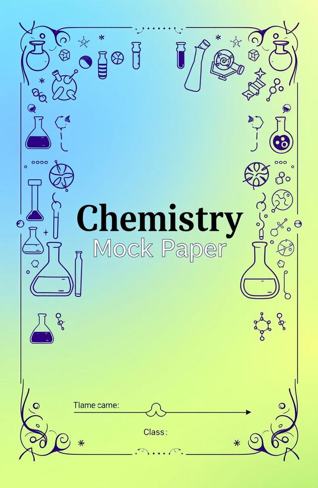 A vibrant and professional cover page for a chemistry mock paper, featuring an intricate design representing various elements of chemistry