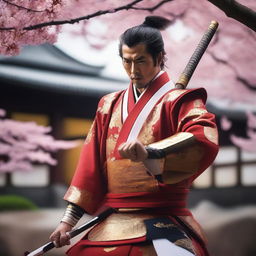 Generate an image of a regal samurai, attractively clad in traditional white and red armor, brandishing a glistening golden katana