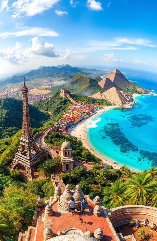 A breathtaking panoramic view of diverse landscapes showcasing the beauty of our planet, featuring iconic landmarks from around the world such as the Eiffel Tower in Paris, the Great Wall of China, the pyramids of Egypt, and lush tropical beaches with crystal-clear waters