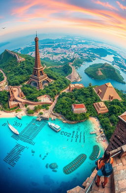 A breathtaking panoramic view of diverse landscapes showcasing the beauty of our planet, featuring iconic landmarks from around the world such as the Eiffel Tower in Paris, the Great Wall of China, the pyramids of Egypt, and lush tropical beaches with crystal-clear waters