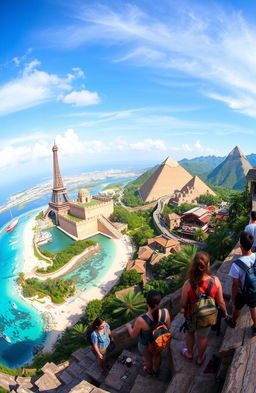 A breathtaking panoramic view of diverse landscapes showcasing the beauty of our planet, featuring iconic landmarks from around the world such as the Eiffel Tower in Paris, the Great Wall of China, the pyramids of Egypt, and lush tropical beaches with crystal-clear waters