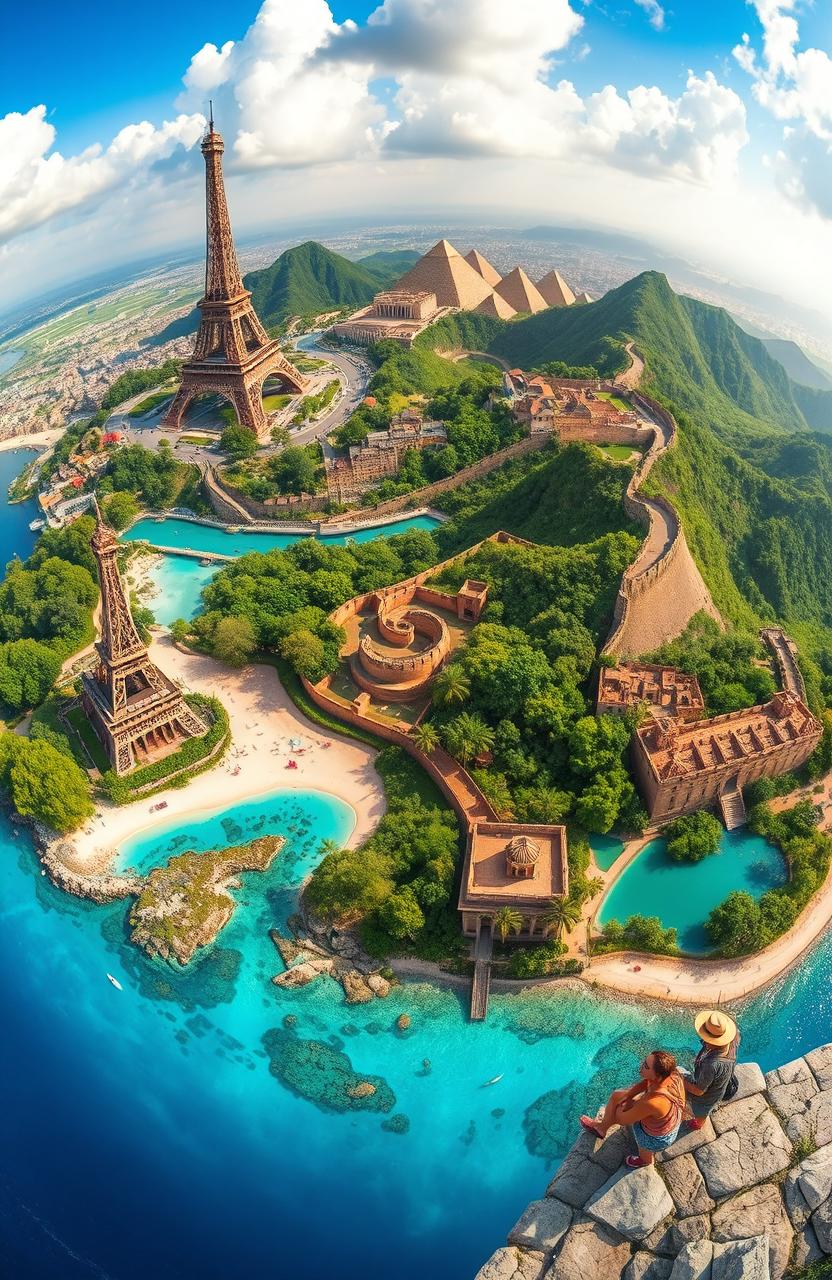 A breathtaking panoramic view of diverse landscapes showcasing the beauty of our planet, featuring iconic landmarks from around the world such as the Eiffel Tower in Paris, the Great Wall of China, the pyramids of Egypt, and lush tropical beaches with crystal-clear waters