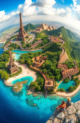 A breathtaking panoramic view of diverse landscapes showcasing the beauty of our planet, featuring iconic landmarks from around the world such as the Eiffel Tower in Paris, the Great Wall of China, the pyramids of Egypt, and lush tropical beaches with crystal-clear waters