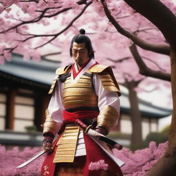 Generate an image of a regal samurai, attractively clad in traditional white and red armor, brandishing a glistening golden katana