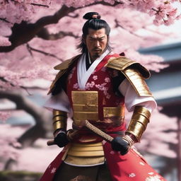 Generate an image of a regal samurai, attractively clad in traditional white and red armor, brandishing a glistening golden katana