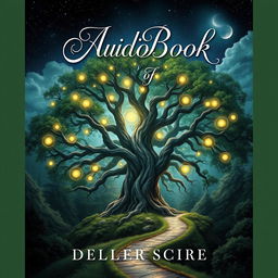 A captivating audiobook cover that features a mystical forest setting, with an ancient tree at the center, its branches sprawling outwards