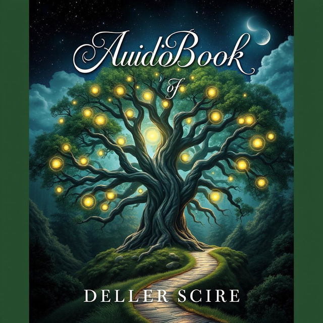 A captivating audiobook cover that features a mystical forest setting, with an ancient tree at the center, its branches sprawling outwards