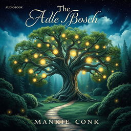 A captivating audiobook cover that features a mystical forest setting, with an ancient tree at the center, its branches sprawling outwards
