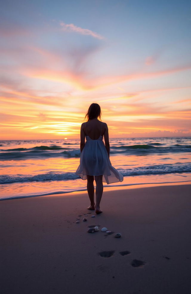 A solitary figure standing on a serene beach during sunset, gazing at the horizon where the sky meets the ocean