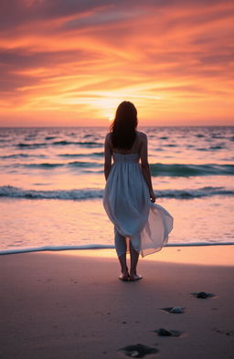 A solitary figure standing on a serene beach during sunset, gazing at the horizon where the sky meets the ocean