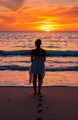 A solitary figure standing on a serene beach during sunset, gazing at the horizon where the sky meets the ocean