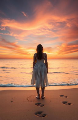 A solitary figure standing on a serene beach during sunset, gazing at the horizon where the sky meets the ocean
