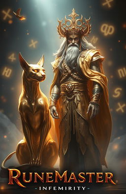 A mystical scene inspired by 'Runemaster: Inheritor' featuring a majestic god adorned in shimmering gold attire, standing alongside an enigmatic sphynx with a regal pose