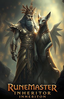 A mystical scene inspired by 'Runemaster: Inheritor' featuring a majestic god adorned in shimmering gold attire, standing alongside an enigmatic sphynx with a regal pose