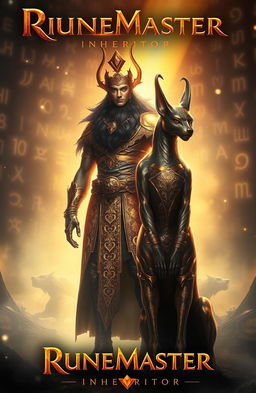 A mystical scene inspired by 'Runemaster: Inheritor' featuring a majestic god adorned in shimmering gold attire, standing alongside an enigmatic sphynx with a regal pose