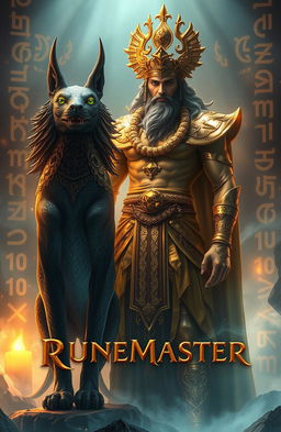 A mystical scene inspired by 'Runemaster: Inheritor' featuring a majestic god adorned in shimmering gold attire, standing alongside an enigmatic sphynx with a regal pose