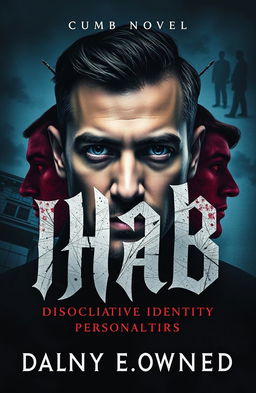 A gripping novel cover featuring a man named Ihab, who is visually portrayed with distinct features representing his dissociative identity disorder