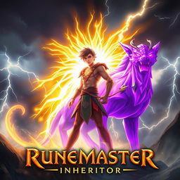 A dynamic and mystical scene inspired by 'Runemaster: Inheritor' featuring a young man exuding golden power, surrounded by a radiant aura of gold as he stands confidently