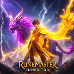 A dynamic and mystical scene inspired by 'Runemaster: Inheritor' featuring a young man exuding golden power, surrounded by a radiant aura of gold as he stands confidently