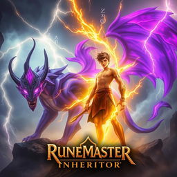 A dynamic and mystical scene inspired by 'Runemaster: Inheritor' featuring a young man exuding golden power, surrounded by a radiant aura of gold as he stands confidently